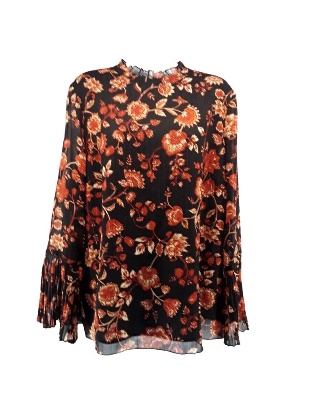 Chicos Black & Brown Floral Pleated Sleeve Blouse Size 2 Large